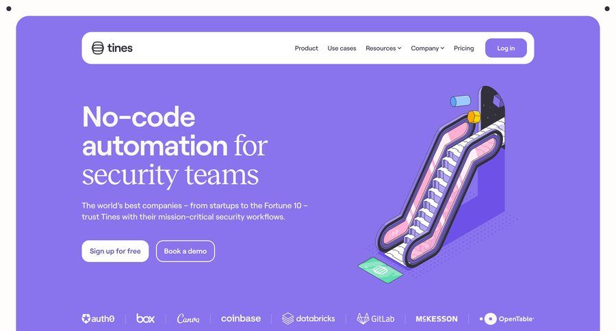 Tines
			 workflow builder security automation b2b saas enterprise security ui page example
