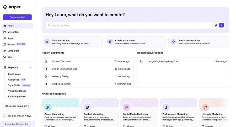 Jasper
			 collaboration dashboard sidebar navigation onboarding template library content discovery sidebar search bar card layout ui page example