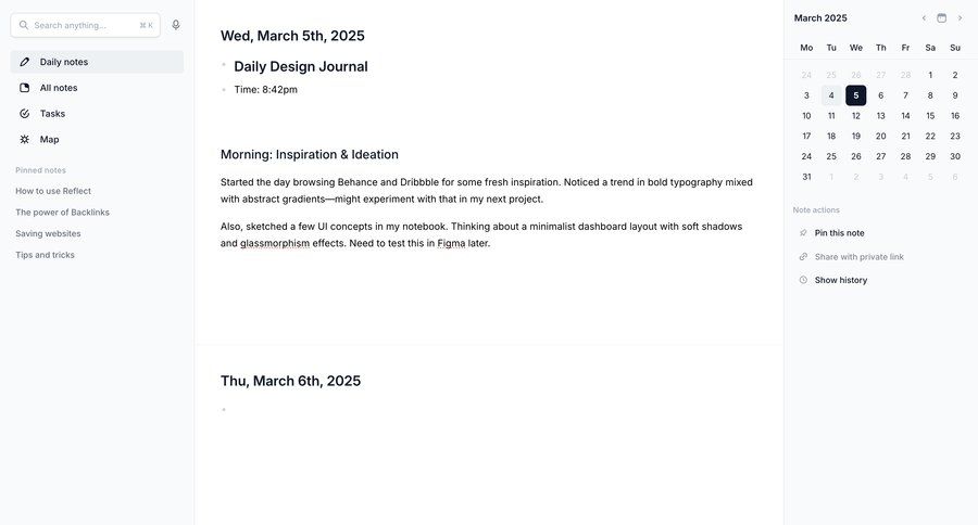 Reflect
			 sidebar navigation design full-screen layout note creation typography sidebar date picker datepicker chonology time picker menu dashboard layouts time selector ui page example