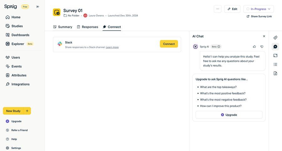 Sprig
			 artificial intelligence data analysis sidebar menu data visualization collaborators group members integration modern summary ai chat ui page example
