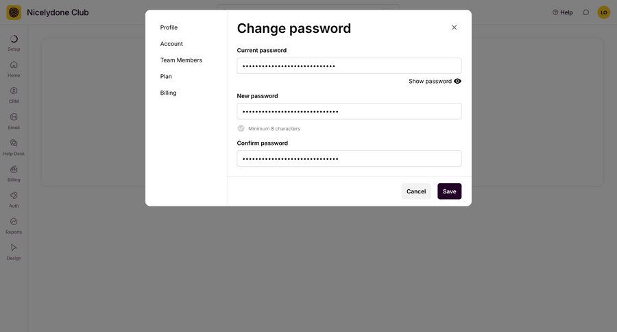 Outseta
			 modal screen settings grid form account settings password management sidebar security change password password update ui page example
