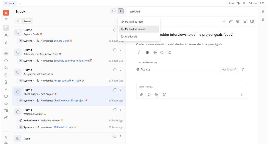 Huly
			 task management project management email management task completion email inbox menu ui page example