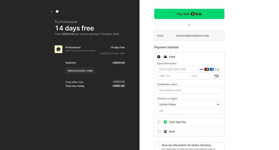 UserJot
			 e-commerce form free trial payment processing ui page example