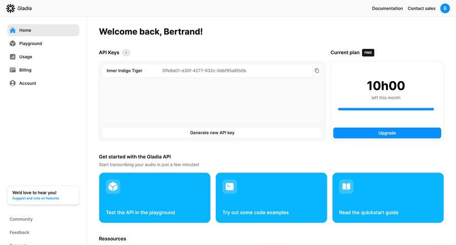 Gladia
			 dashboard sidebar navigation artificial intelligence account setup rounded corners api management sidebar progress bar modern code snippet developer portal ui page example