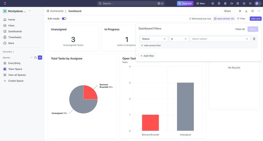ClickUp
			 task management team collaboration dashboard sidebar navigation project management progress tracking filter controls filters dropdown dashboard warning dropdown filters call intelligence sidebar menu data visualization search filters sorting filters task management dashboard edit mode search results option menu controls search menu ui page example