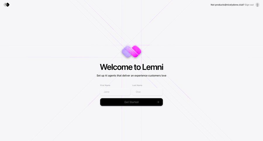 Lemni
			 artificial intelligence onboarding form account creation full-screen layout call intelligence setup on boarding ui page example