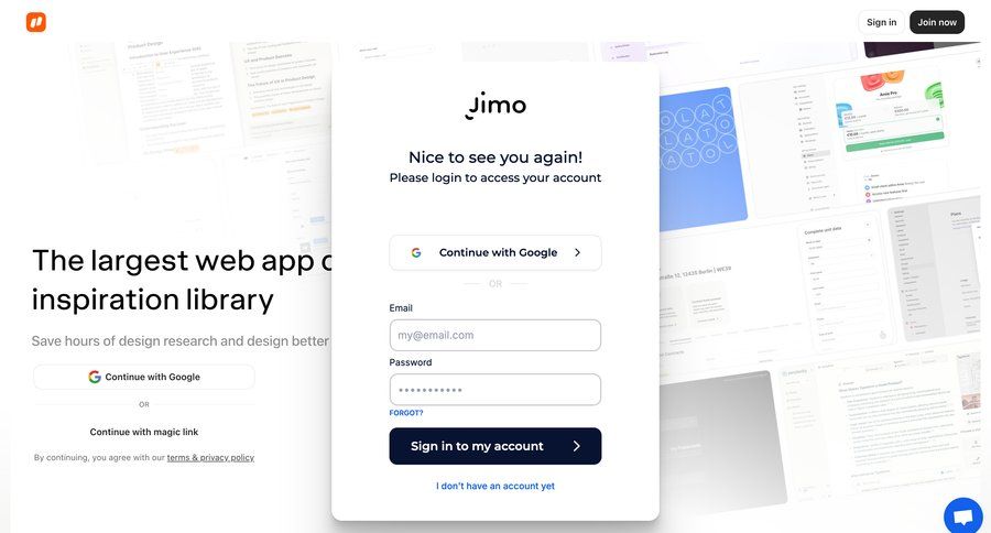 Jimo
			 user management form user authentication account creation authentication billing history extend trial user role login alternatives modern conversational connect service ui page example