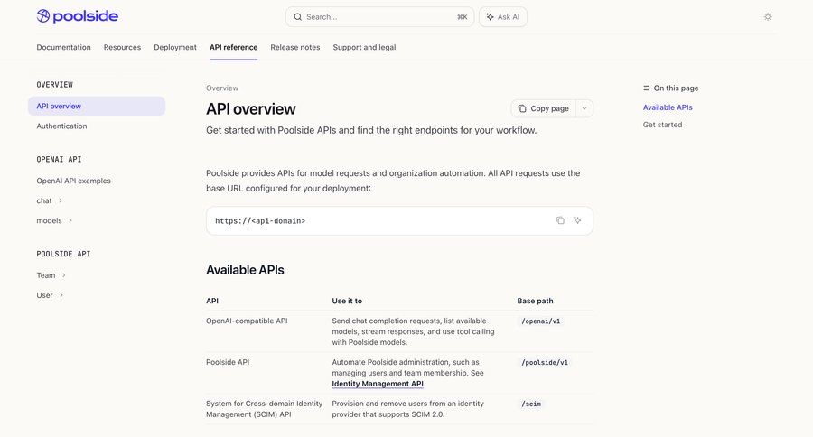 Poolside
			 developer portal ui page example