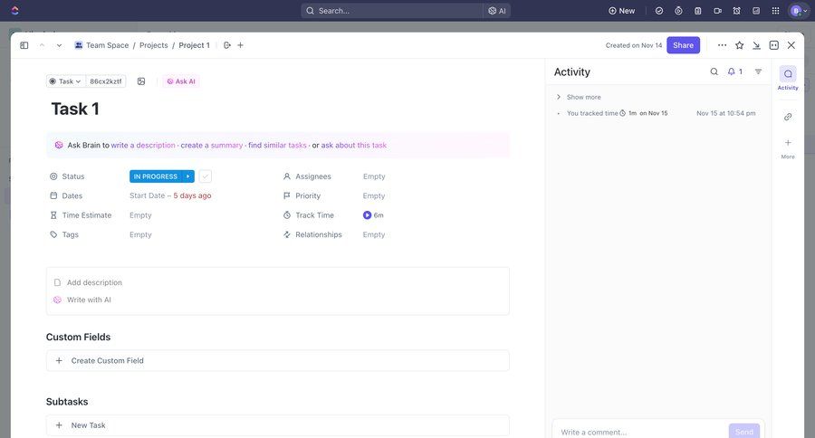 ClickUp
			 task management project management project tracking issue tracking sidebar product details item details menu timeline ui ui page example