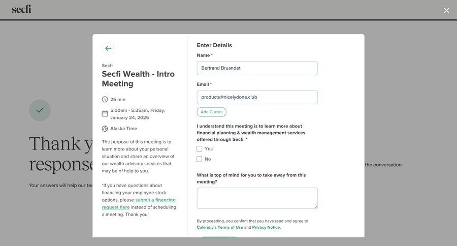 Secfi
			 modal screen form confirmation email confirmation meeting ui page example