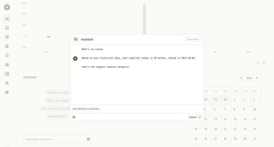 Midday
			 dashboard finance chat interface analytics ui page example