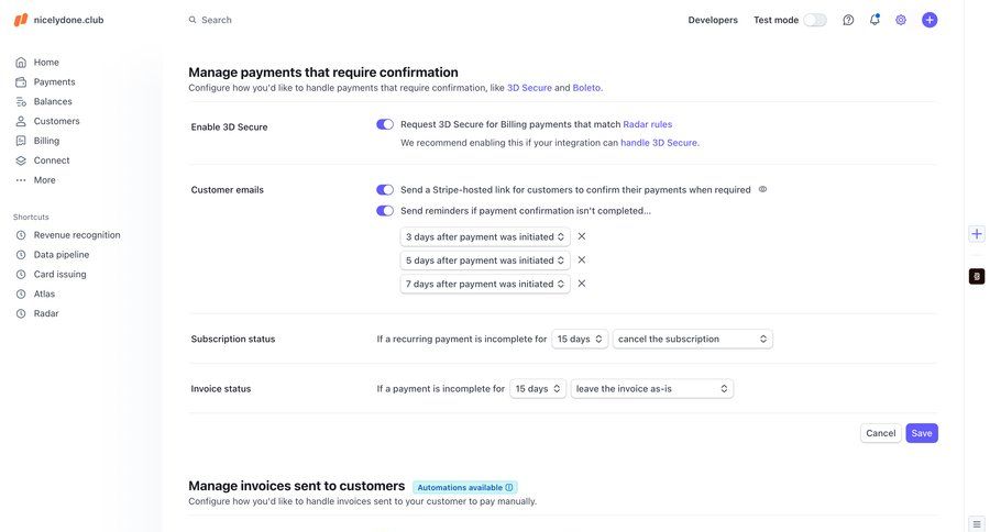 Stripe
			 sidebar e-commerce settings form automation sidebar navigation configuration fintech subscription management shortcuts payment confirmation billing history billing automation connect service pay bill ui page example