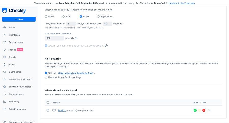 Checkly
			 configuration settings sidebar navigation form account settings retry sidebar monitoring configuration screen ui page example