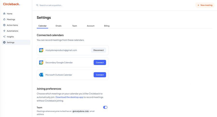 Circleback
			 configuration settings form account settings calendar management ui page example
