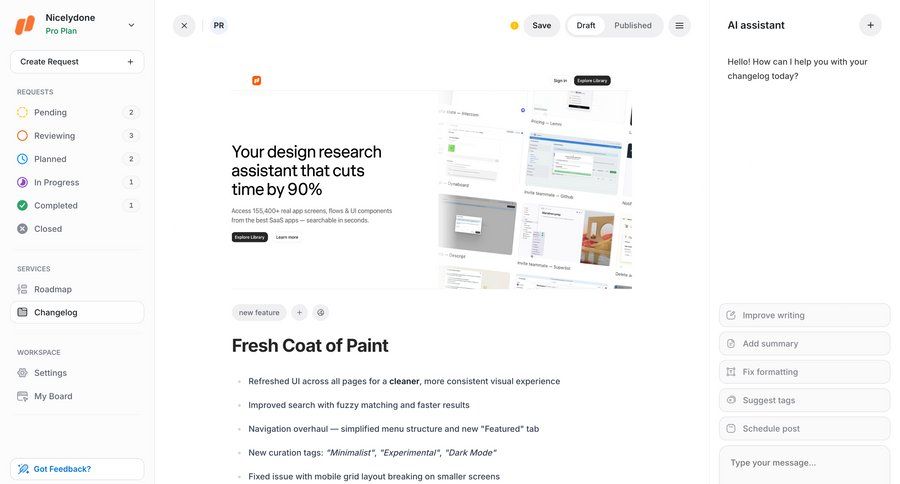 UserJot
			 dashboard design right sidebar sidebar blog post changelog ui page example
