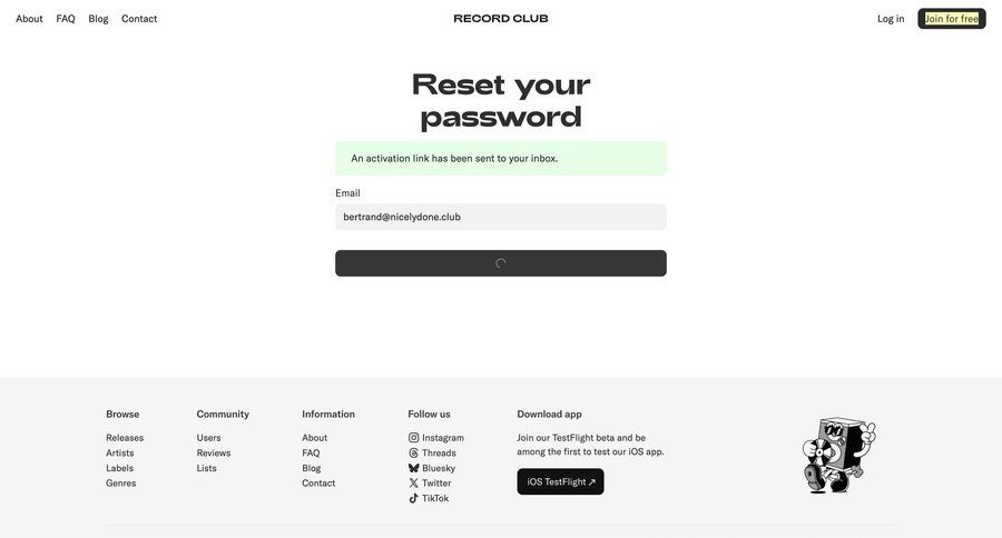 Record club
			 account management form user authentication account security authentication login connection auth signin message login page toast notification confirmation message ui page example