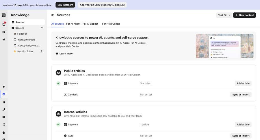 Intercom
			 data management content management configuration settings sidebar navigation artificial intelligence import data knowledge management sidebar lists setup menu integration modern customer support data integration ui page example