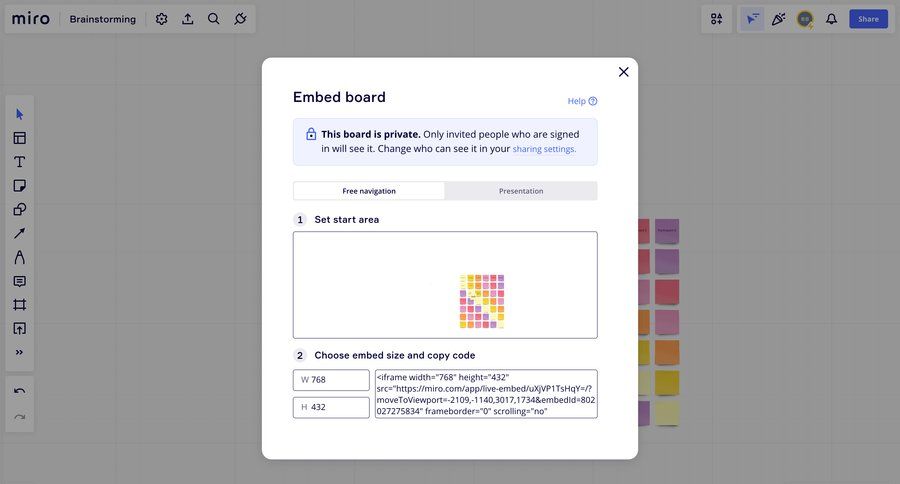 Miro
			share modal & popover product page embed modal screen collaboration configuration privacy settings controls sharing configuration screen code snippet ui page example