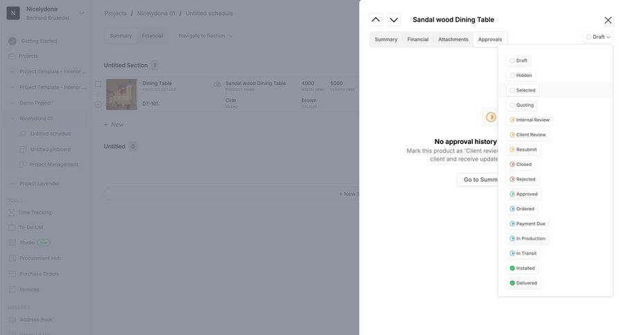 Programa
			 project management workflow management project tracking payment history sidebar product details item details summary approval workflow ui page example