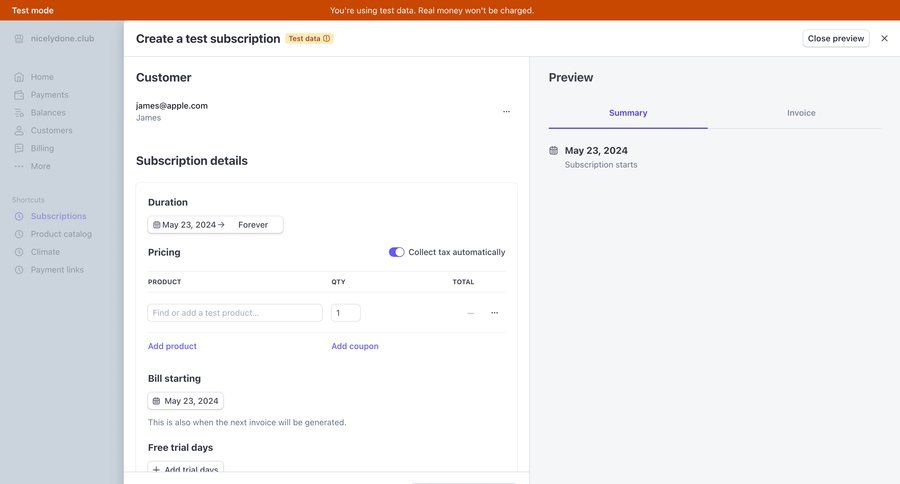 Stripe
			 e-commerce form subscription management preview panel create date picker price payment options premium product packages payment page modern payment confirmation ui page example