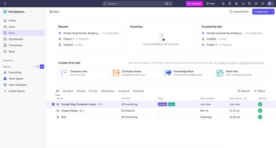 ClickUp
			bulk actions documentation collaboration team collaboration sidebar navigation document management document creation knowledge management document list bulk import bulk delete bulk archive dropdown filters bulk move sidebar lists menu doc docs modern table date filter ui page example