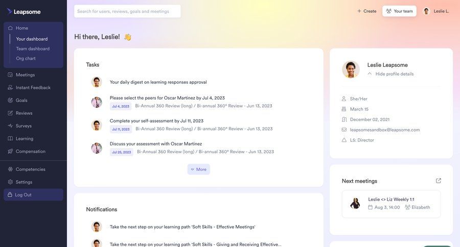 Leapsome
			 task management team collaboration dashboard sidebar navigation onboarding scheduling meetings user data sidebar user profile menu modern ui page example