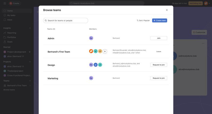 Asana
			 collaboration team collaboration project management user management team creation collaborators group members search bar ui page example