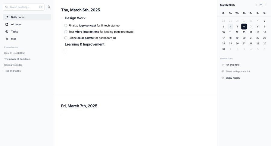 Reflect
			 task management sidebar navigation full-screen layout calendar events color palette sidebar create date picker datepicker chonology time picker search bar time selector ui page example