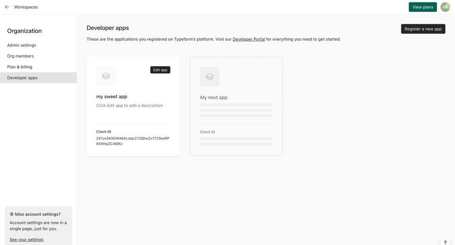Typeform
			 sidebar navigation account setup account settings application management sidebar register integration developer portal ui page example