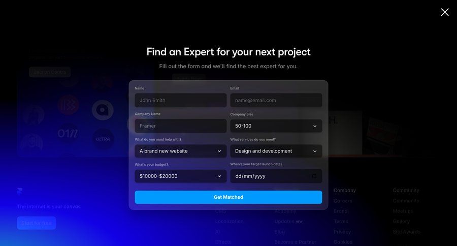 Framer
			form modal & popover contact request access localization contact us marketing website design ui page example
