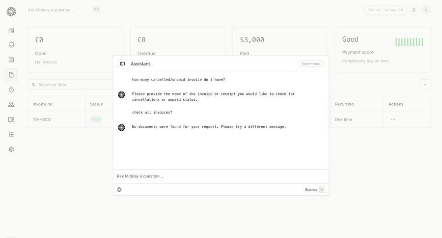Midday
			home messaging dashboard sidebar navigation grid onboarding finance task completion financial reporting virtual assistant data visualization chat interface table chatbot ui page example