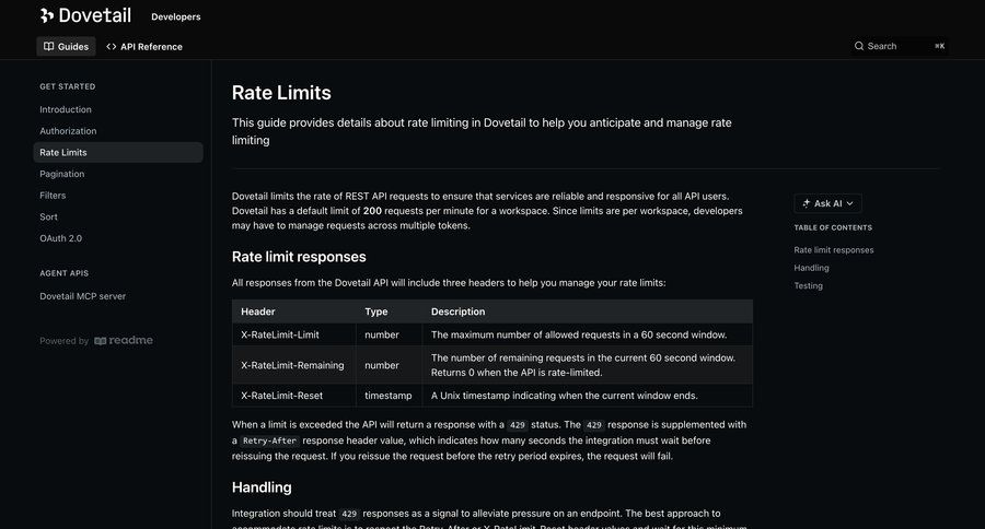 Dovetail
			 api integration developer portal ui page example