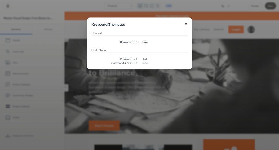 Kajabi
			 settings grid keyboard shortcuts shortcuts command k ui page example