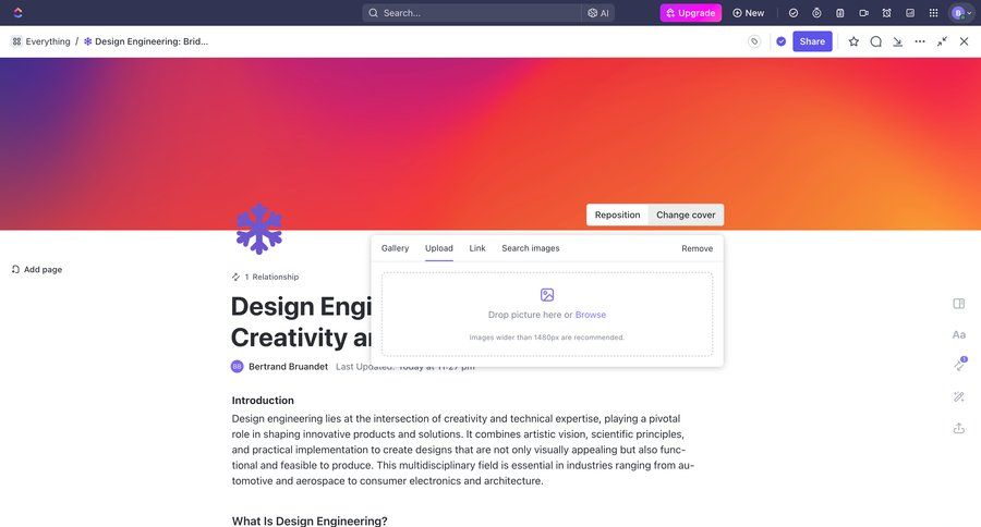 ClickUp
			 modal screen content management design file upload upload image file upload modal file uploader upload file upload media article upload documents image gallery media gallery file picker avatar upload ui page example