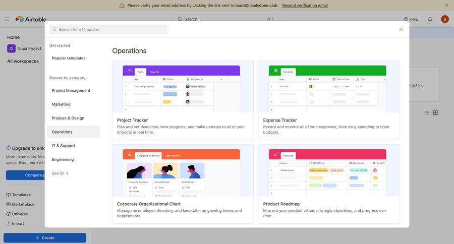 Airtable
			 modal screen project management templates template library project tracking template selection expense management email verification map view ui page example