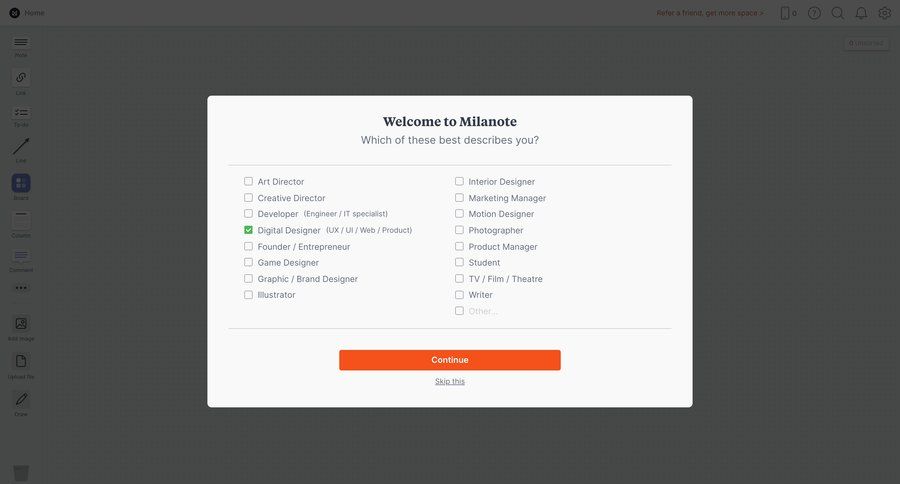 Milanote
				onboarding page example