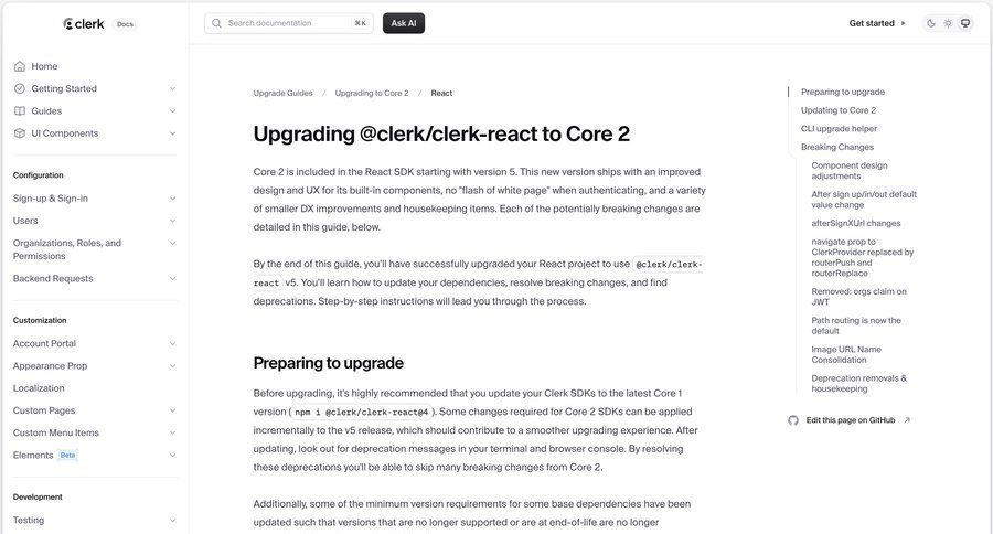 Clerk
			 dashboard warning chrome extension doc documentation docs check out version history option menu command k localization ui page example