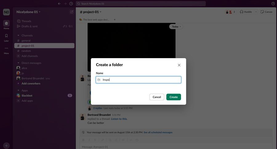 Slack
			 modal screen collaboration sidebar navigation form file management file organization sidebar message communication chat ui page example