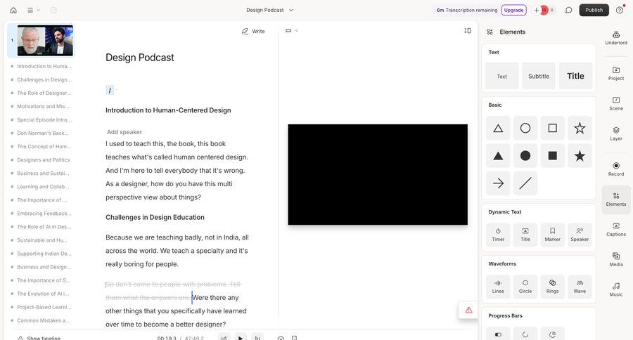 Descript
			 content management sidebar navigation split screen video editor call transcript sidebar menu progress circle progress bar modern transcript ui page example