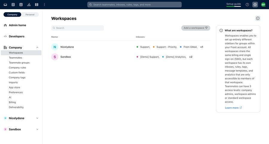 Front
			 settings team collaboration sidebar navigation grid onboarding account setup workspace management workspace creation sidebar communication ui page example