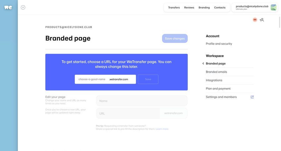 WeTransfer
			workspace settings configuration settings form save changes sidebar payment page ui page example