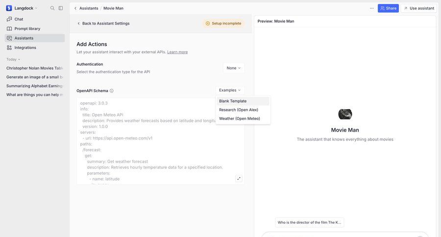 Langdock
			 configuration settings artificial intelligence automation authentication call to action sidebar setup menu bot builder code snippet api integration ui page example