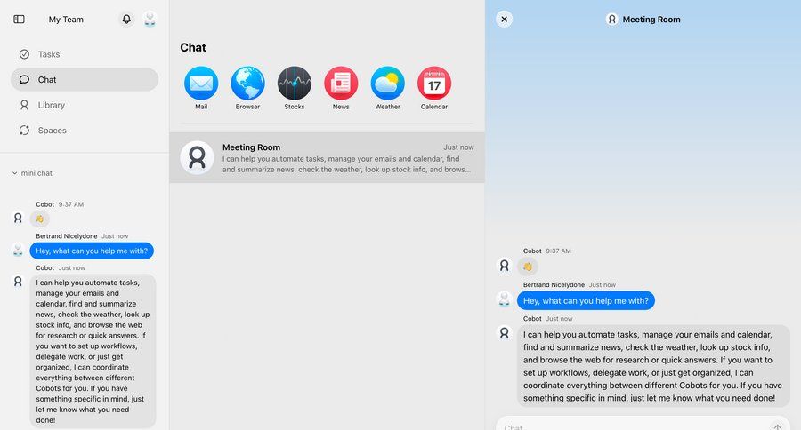 Cobot
			 sidebar navigation content hierarchy communication chat menu quick actions chat interface ui page example