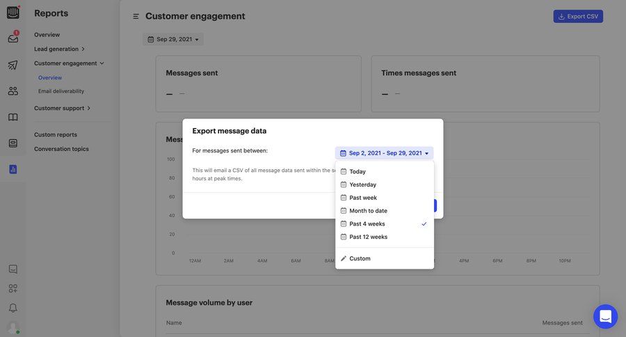 Intercom
			 dashboard sidebar navigation data export exporting data data analysis reporting screen sidebar date picker datepicker chonology time picker menu data visualization analytics ui page example
