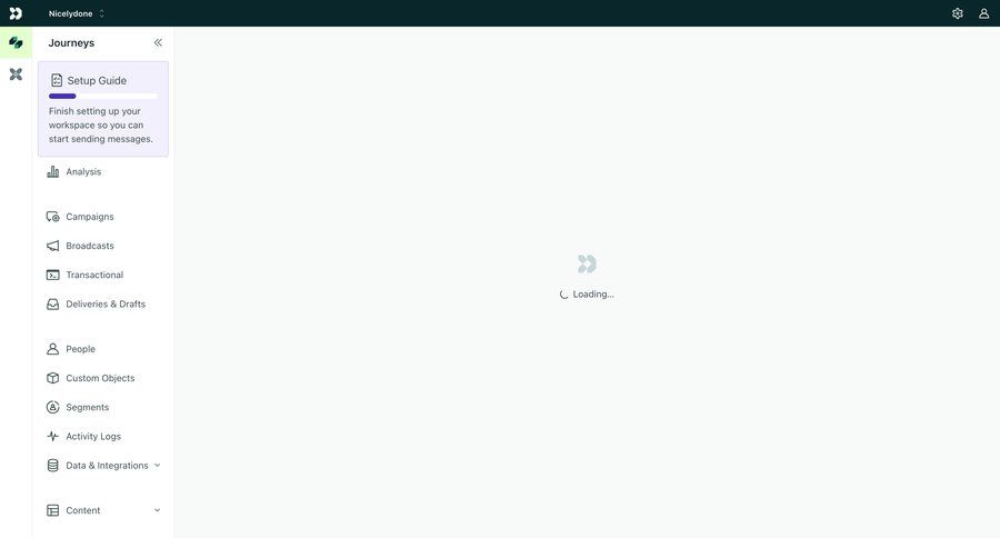 Customer.io
			onboarding navigation loading state dashboard sidebar navigation onboarding automation marketing automation customer communication sidebar setup navigation menu navigation bar navigation links navigation buttons progress loading loader progress bar modern ui page example