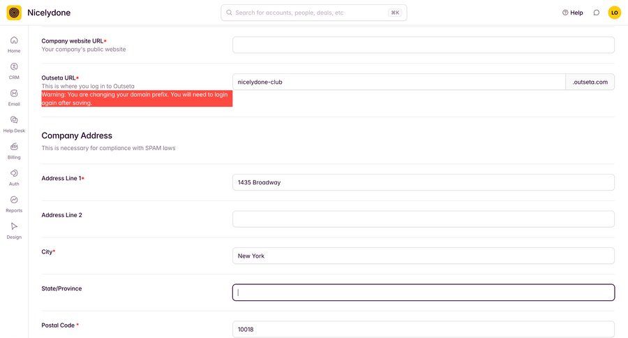 Outseta
			 settings sidebar navigation account management onboarding form account setup alert update ui page example