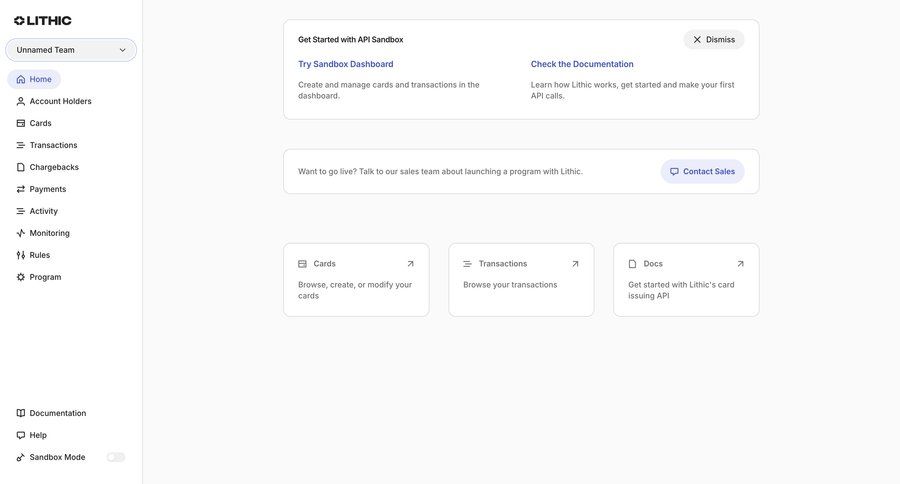 Lithic
			settings home onboarding api documentation getting started ui page example