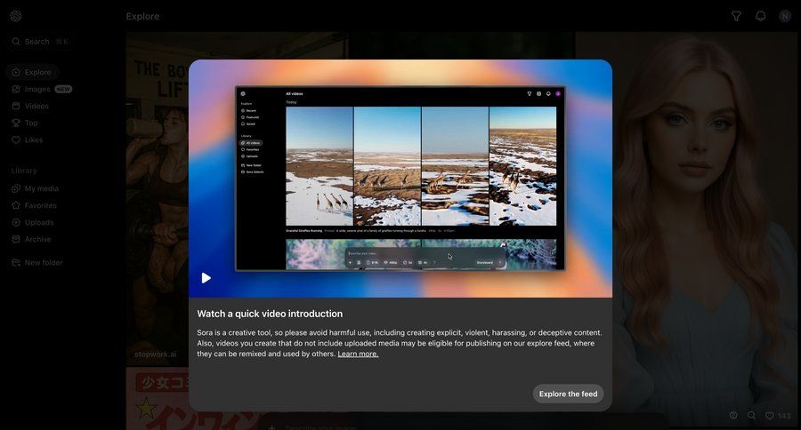 Sora
			 artificial intelligence onboarding content discovery video player full screen modal content hierarchy call intelligence call to action sidebar quick keys ui page example