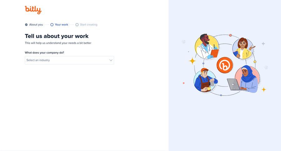Bitly
			 onboarding form progress indicator full-screen layout wizard user profile setup on boarding ui page example