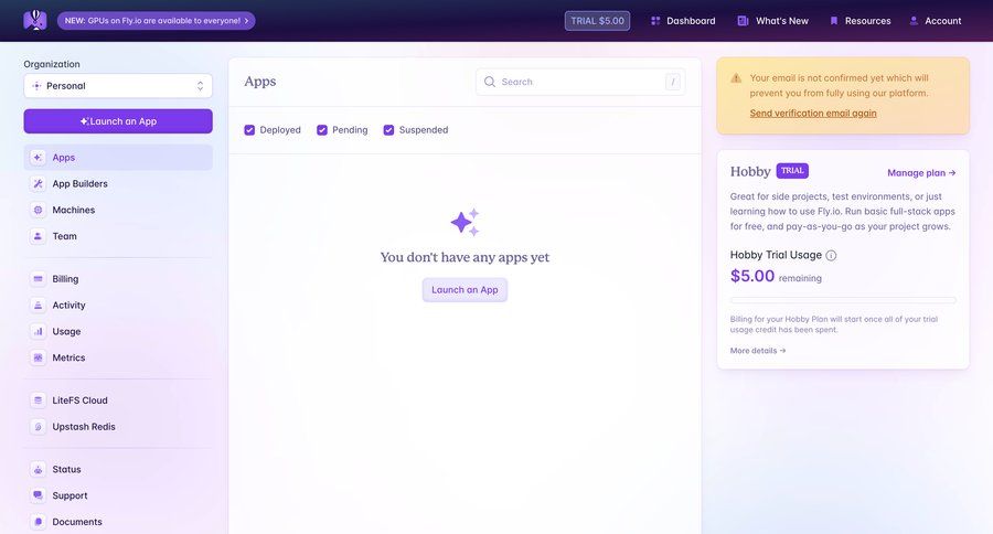 Fly
			 dashboard sidebar navigation account management account setup account settings application management email verification sidebar alert blank state void blank non-ideal state empty page prompt progress bar ui page example